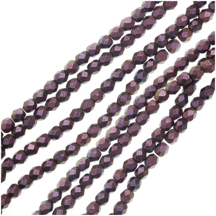 Czech Fire Polished Glass, 3mm Faceted Round Beads, Copper Rose Polychrome (50 Piece Strand)