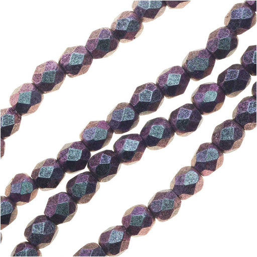Czech Fire Polished Glass, 3mm Faceted Round Beads Orchid Aqua Polychrome (1 Strand)