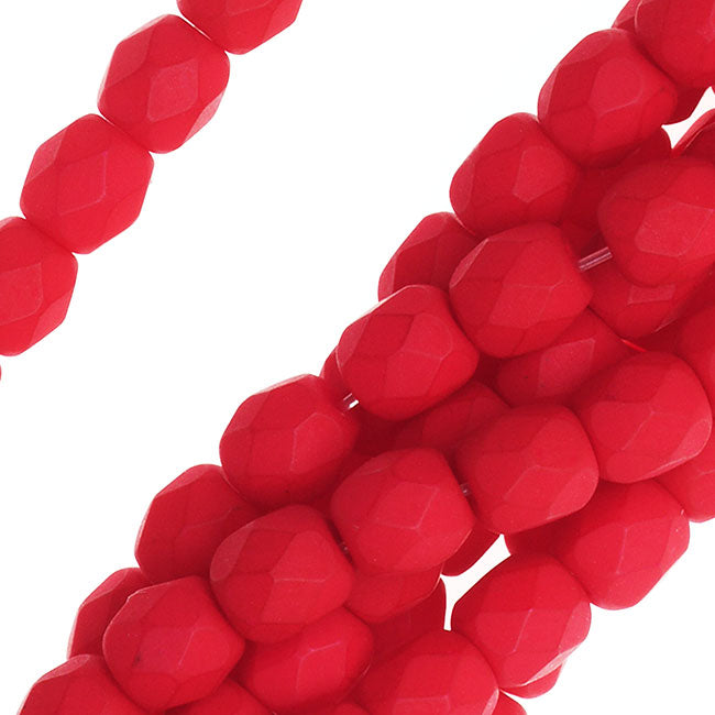 Czech Fire Polished Glass, 4mm Faceted Round Beads, Neon Red (1 Strand)