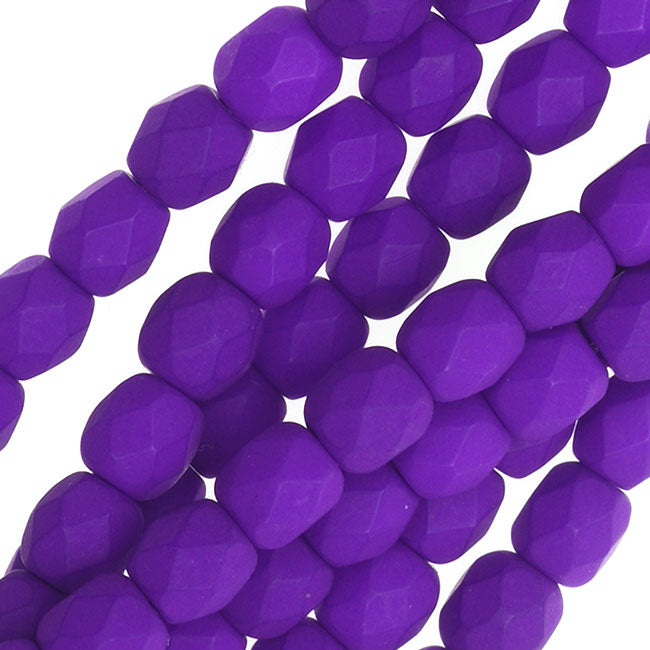 Czech Fire Polished Glass, 4mm Faceted Round Beads, Dark Neon Purple (50 Piece Strand)