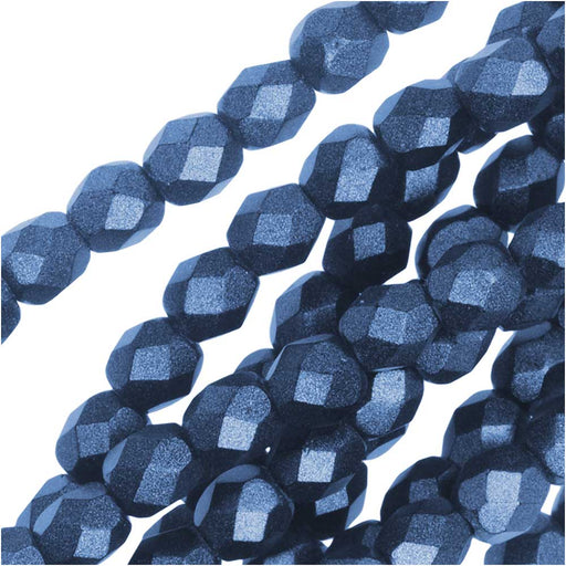 Czech Fire Polished Glass, 4mm Faceted Round Beads, Metallic Blue Suede (50 Piece Strand)