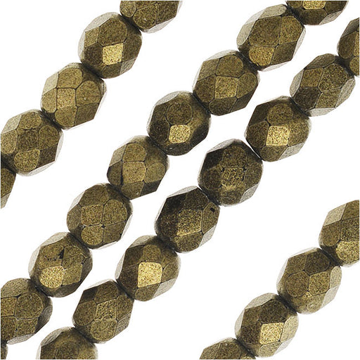 Czech Fire Polished Glass, 4mm Faceted Round Beads, Metallic Gold Suede (1 Strand)