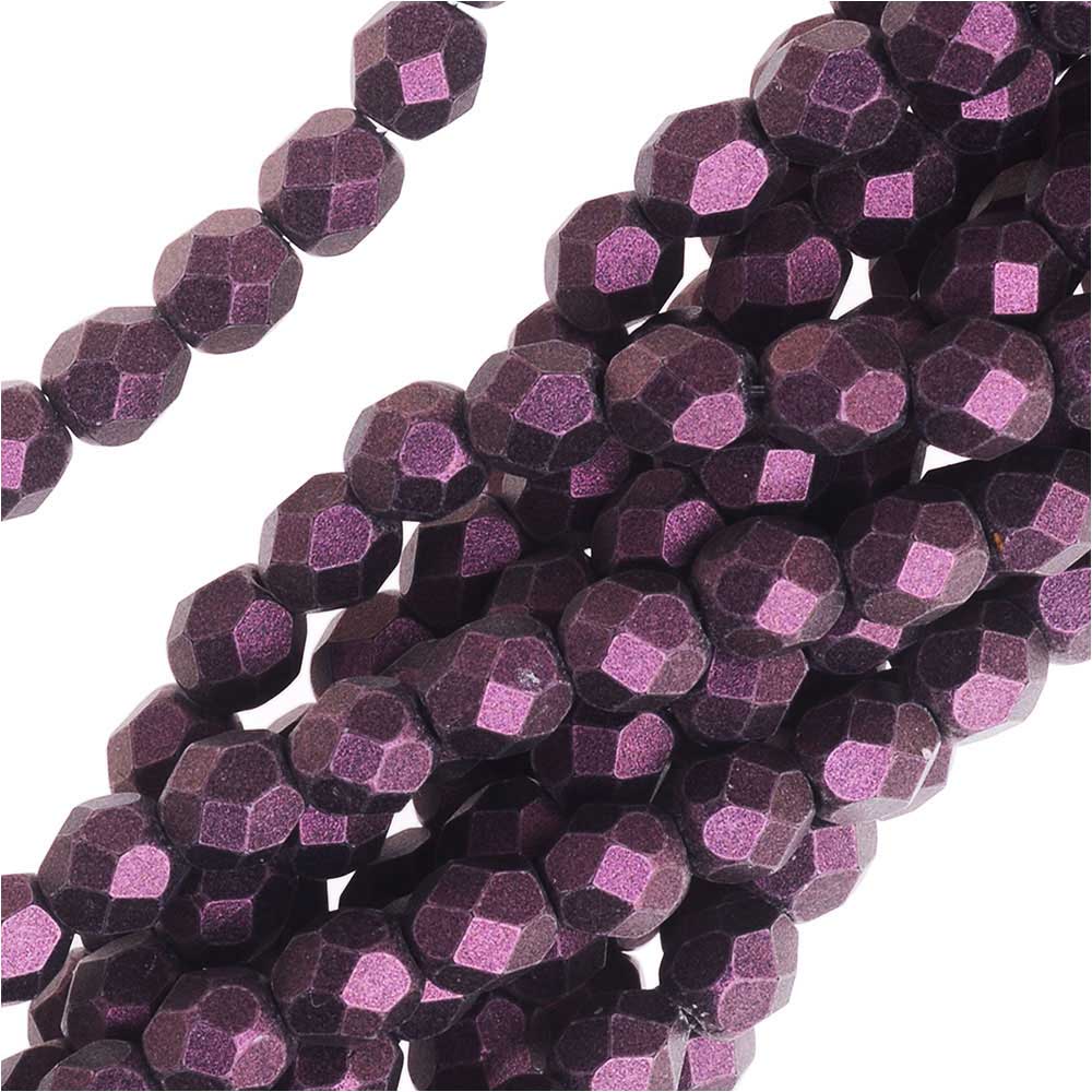 Czech Fire Polished Glass, 4mm Faceted Round Beads, Metallic Pink Suede (50 Piece Strand)