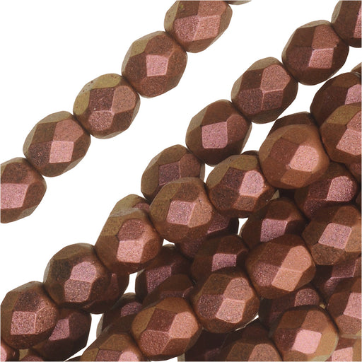 Czech Fire Polished Glass, 4mm Faceted Round Beads, Copper Rose Polychrome (1 Strand)