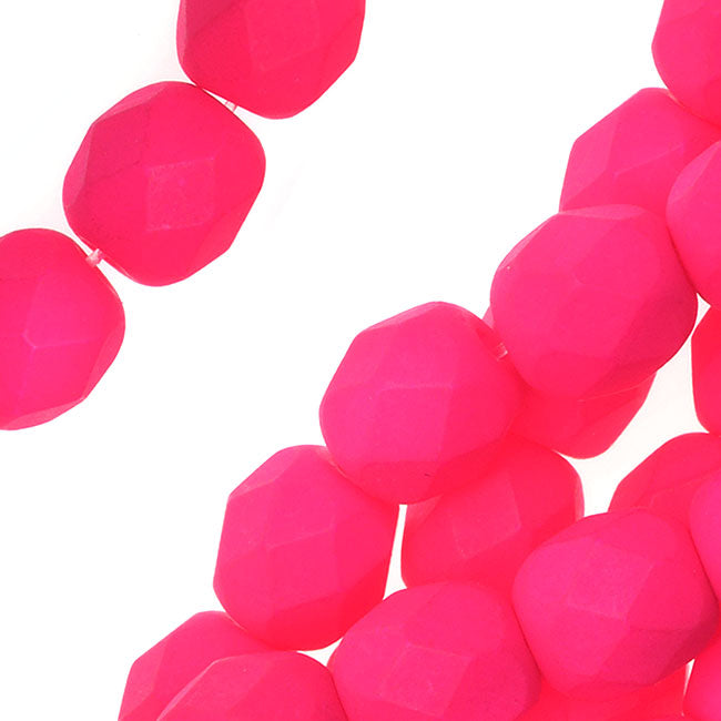 Czech Fire Polished Glass, 6mm Faceted Round Beads, Neon Pink (1 Strand)