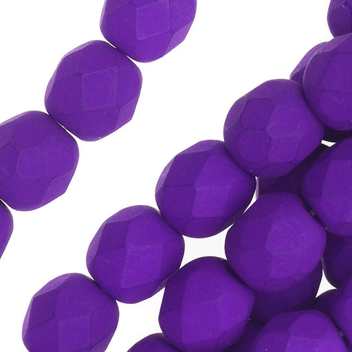 Czech Fire Polished Glass, 6mm Faceted Round Beads, Dark Neon Purple (1 Strand)