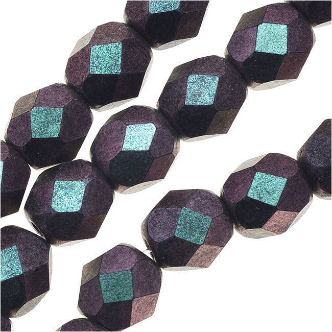 Czech Fire Polished Glass, 6mm Faceted Round Beads, Orchid Aqua Polychrome (25 Piece Strand)