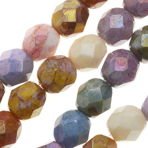Czech Fire Polished Glass, 6mm Faceted Round Beads, Opaque Luster Mix (25 Piece Strand)