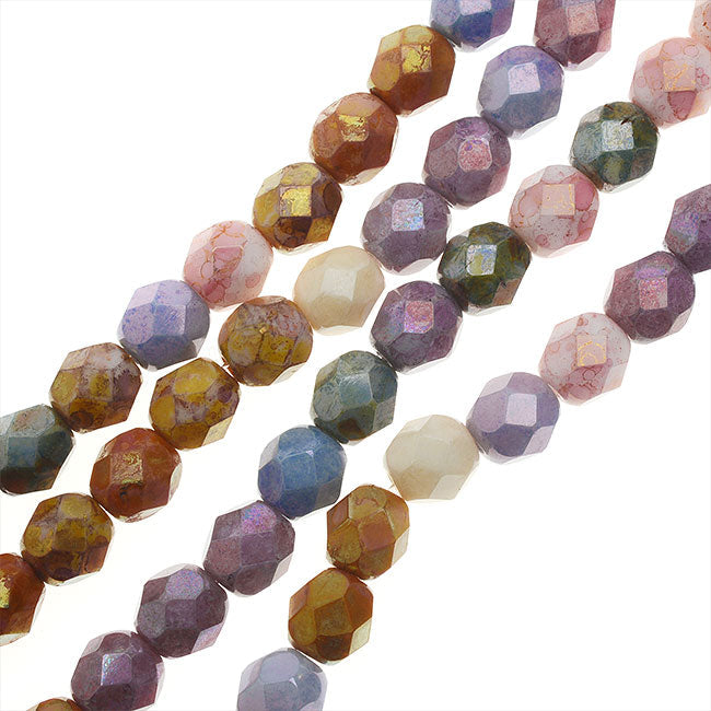 Czech Fire Polished Glass, 6mm Faceted Round Beads, Opaque Luster Mix (25 Piece Strand)