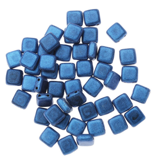CzechMates Glass, 2-Hole Square Tile Beads 6mm, Metallic Blue Suede (1 Strand)