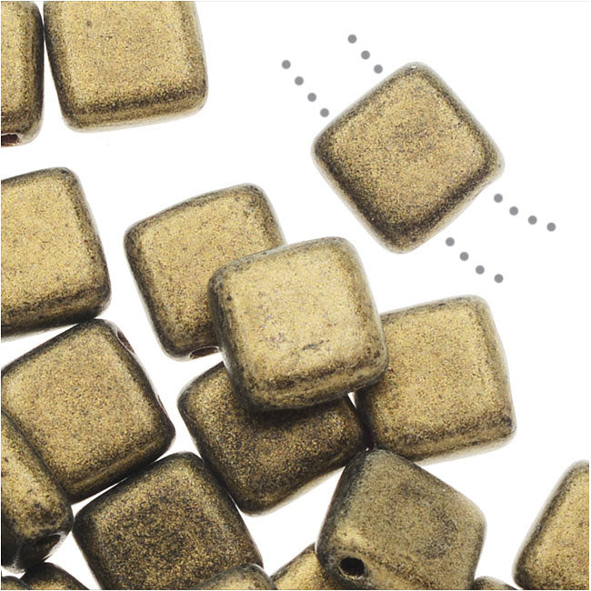 CzechMates Glass, 2-Hole Square Tile Beads 6mm, Metallic Gold Suede (1 Strand)