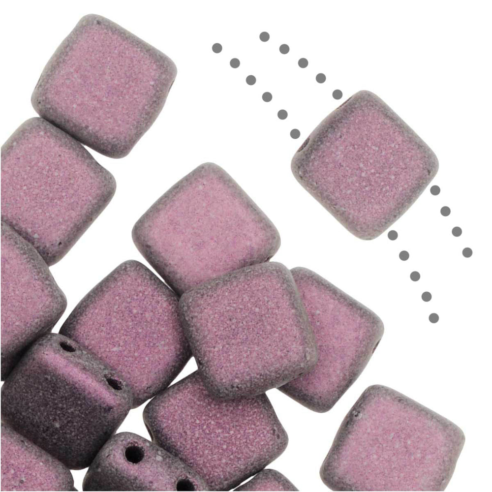 CzechMates Glass, 2-Hole Square Tile Beads 6mm, Metallic Pink Suede (1 Strand)
