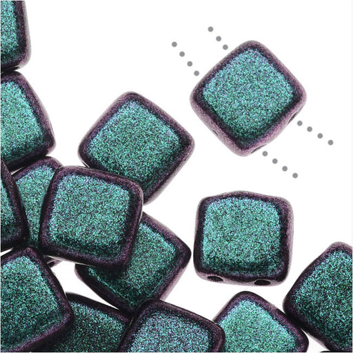 CzechMates Glass, 2-Hole Square Tile Beads 6mm, Orchid Aqua Polychrome (1 Strand)