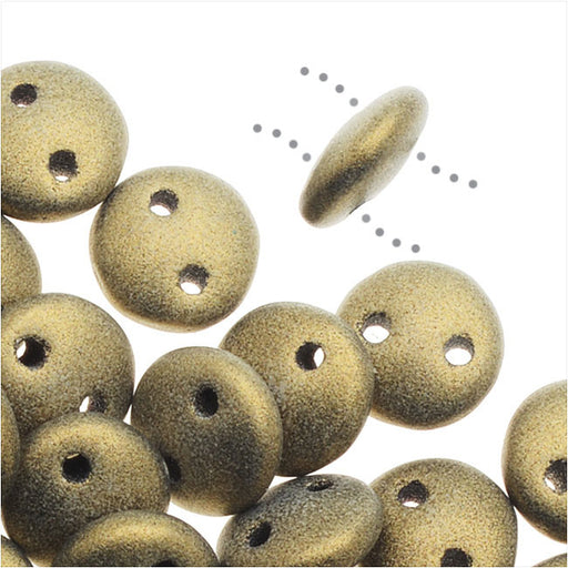 CzechMates Glass, 2-Hole Round Lentil Beads 6mm, Metallic Gold Suede (1 Strand)