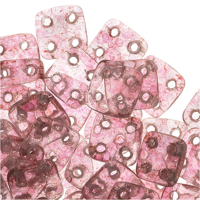 CzechMates Glass, QuadraTile 4-Hole Square Beads 6mm, Transparent Topaz / Pink Luster (2.5" Tube)