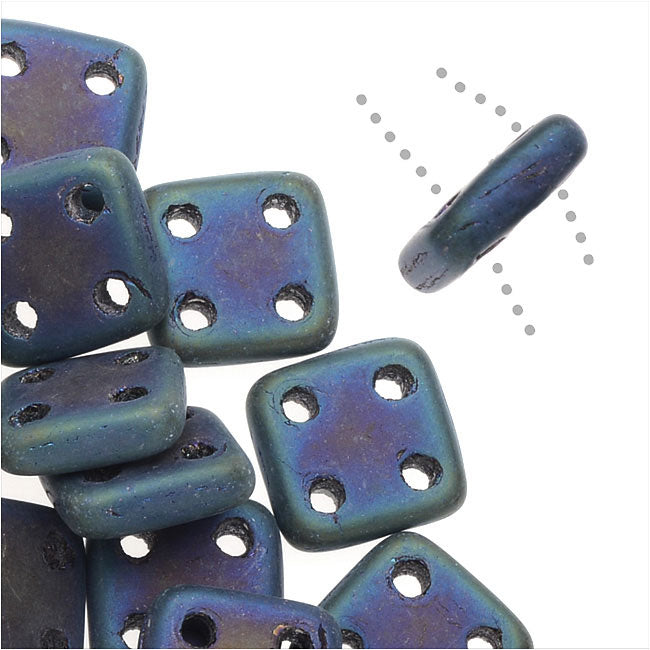 CzechMates Glass, QuadraTile 4-Hole Square Beads 6mm, Matte Blue Iris (2.5" Tube)