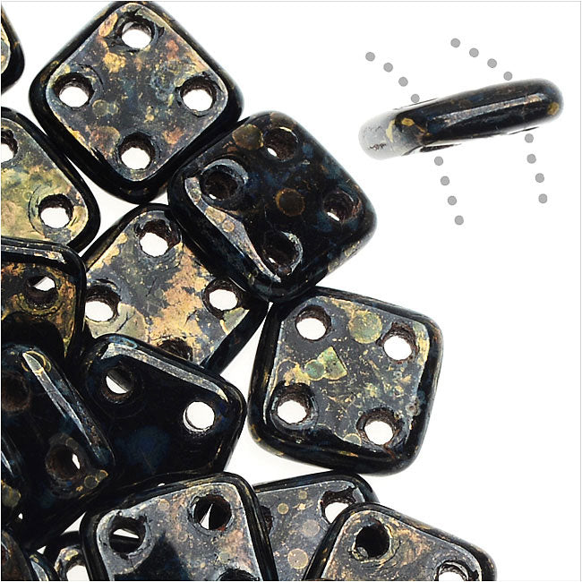 CzechMates Glass, QuadraTile 4-Hole Square Beads 6mm, Jet Bronze Picasso (2.5" Tube)