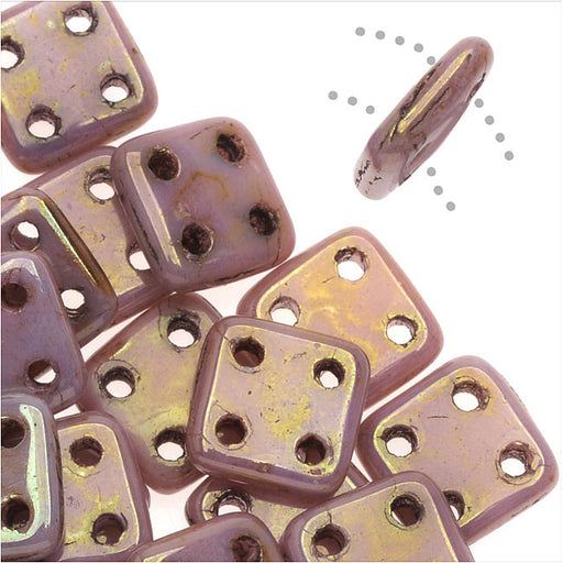 CzechMates Glass, QuadraTile 4-Hole Square Beads 6mm, Opaque Rose / Gold Topaz Luster (2.5" Tube)