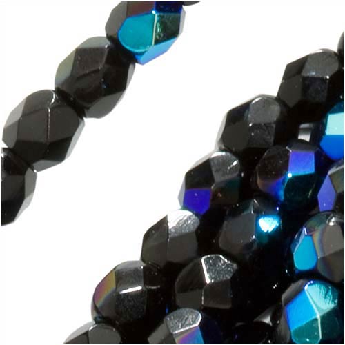 Czech Fire Polished Glass Beads 3mm Round Jet Black AB (50 pcs)