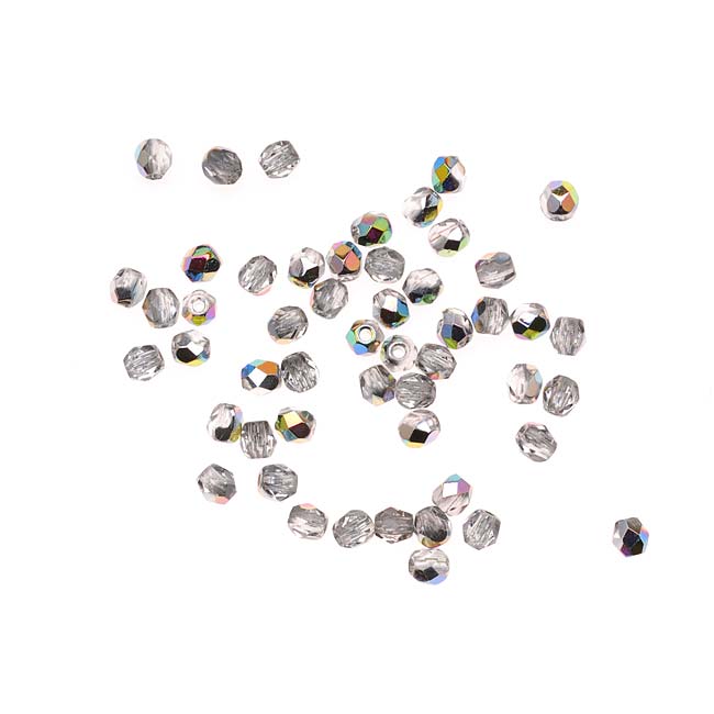 Czech Fire Polished Glass Beads 3mm Round, Crystal Vitrail, (1 Strand)