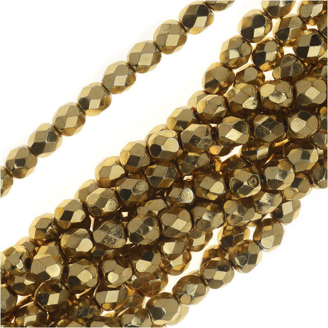 Czech Fire Polished Glass Beads, 4mm Round, Aurum Gold, (1 Strand)