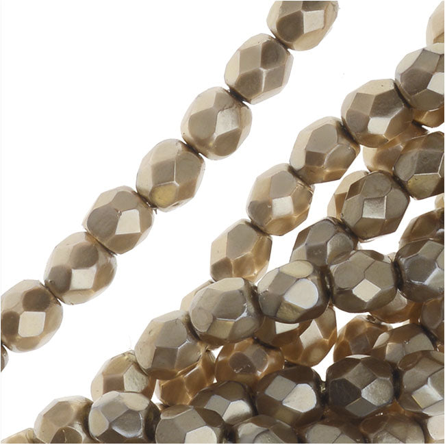 Czech Fire Polished Glass Beads, Faceted Round 4mm, Matte Light Gold (50 Pieces)