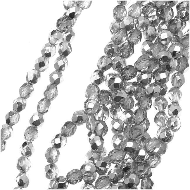 Czech Fire Polished Glass Beads 4mm Round 'Crystal Silver Half-Coat' (50 pcs)