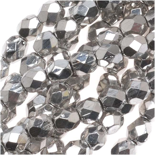 Czech Fire Polished Glass Beads 4mm Round Metallic Silver Full-Coat (50 pcs)