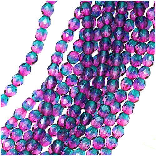 Czech Fire Polished Glass Two Toned Beads 4mm Round Purple Green (50 pcs)