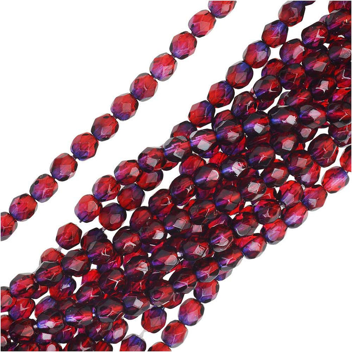 Czech Fire Polished Glass Two Toned Beads 4mm Round Garnet Purple (50 pcs)