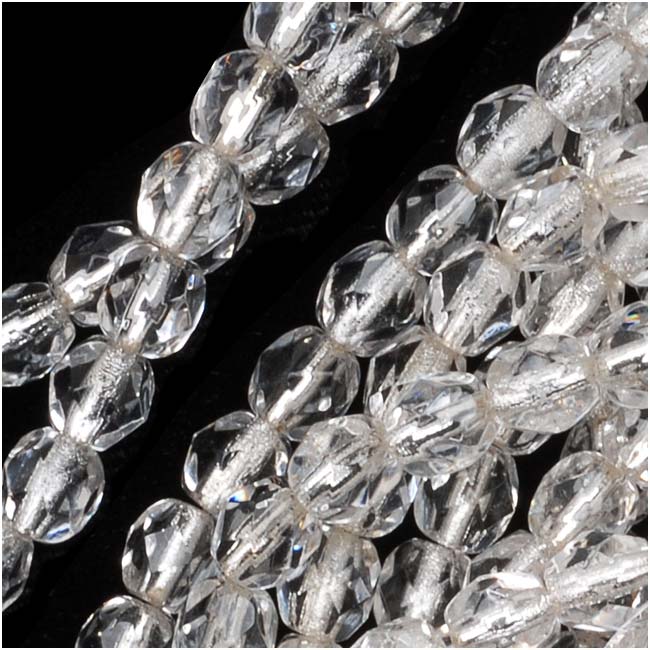 Czech Fire Polished Glass Beads 4mm Round Crystal Silver Lined (50 pcs)