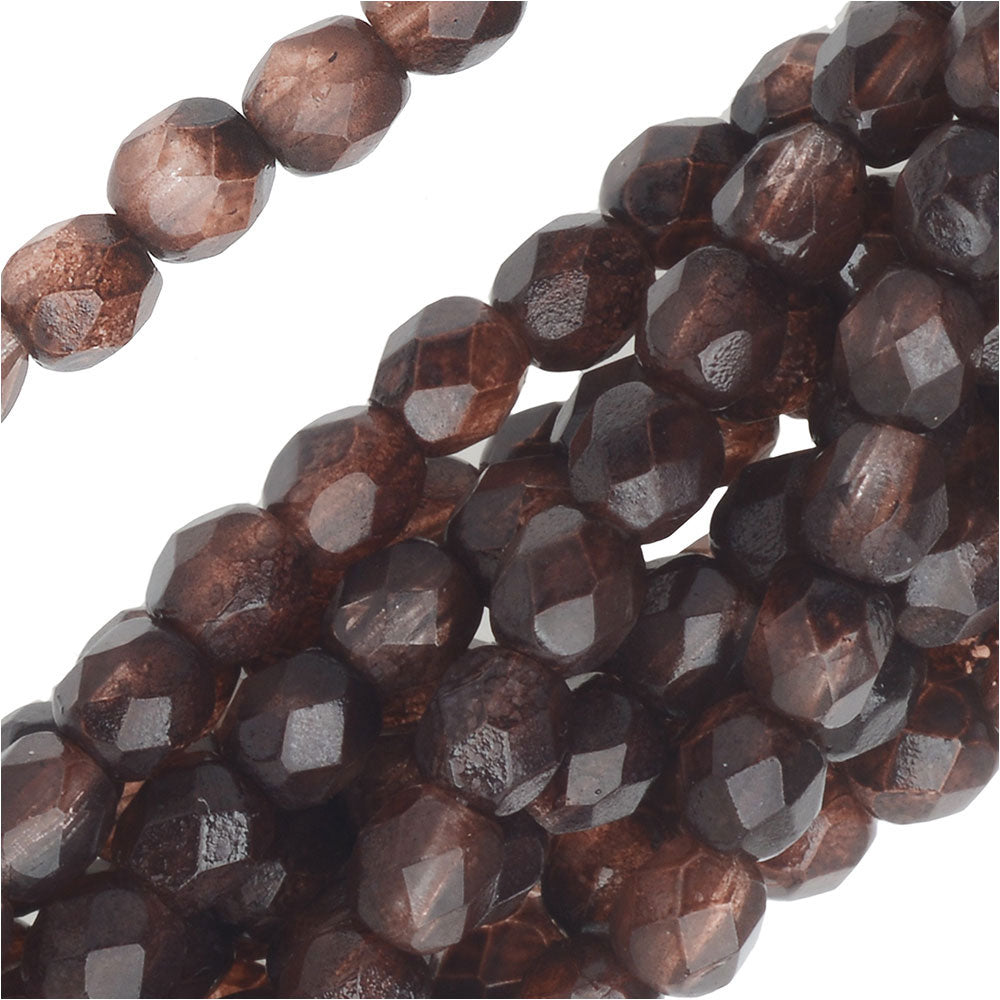 Czech Fire Polished Glass Beads 4mm 2-Tone Round Crystal/Coffee Brown (1 Strand)