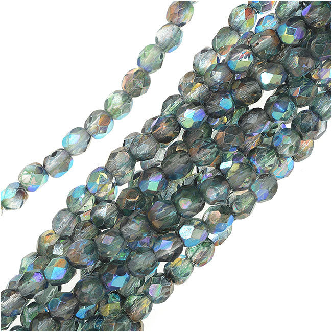 Czech Fire Polished Glass Beads 4mm Round Two Tone Crystal/Blue AB Luster (50 pcs)