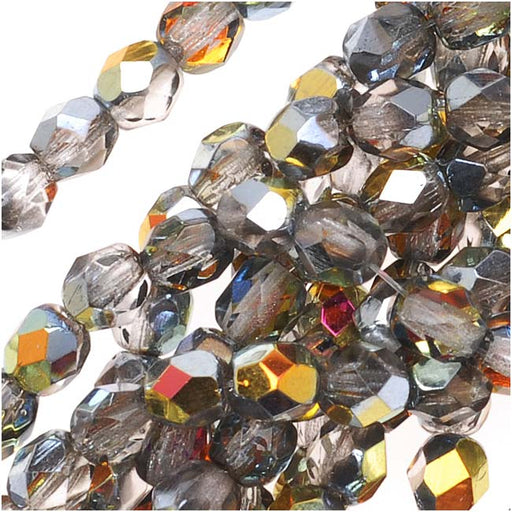 Czech Fire Polished Glass Beads 4mm Round Crystal Marea Half-Coat (1 Strand)