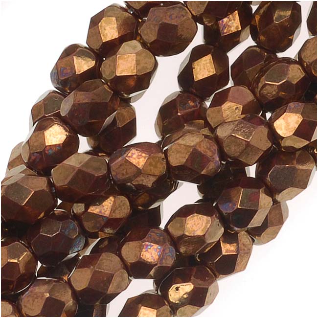 Czech Fire Polished Glass Beads 4mm Round Opaque Red Bronze Metallic (50 pcs)