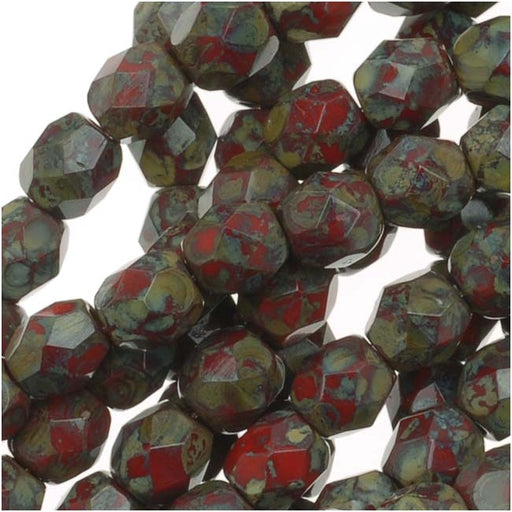 Czech Fire Polished Glass Beads 4mm Round Opaque Red Picasso (1 Strand)