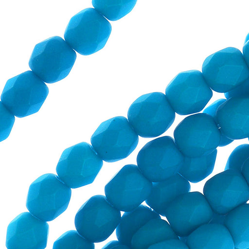 Czech Fire Polished Glass, 4mm Round Beads, Neon Turquoise (1 Strand)