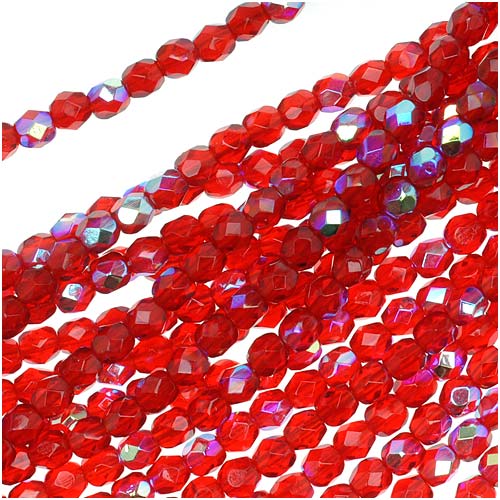 Czech Fire Polished Glass Beads 4mm Round Red Ruby AB (50 pcs)
