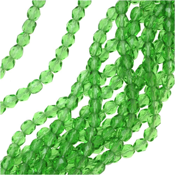 Czech Fire Polished Glass Beads, 4mm Round, Lime Green, (1 Strand)