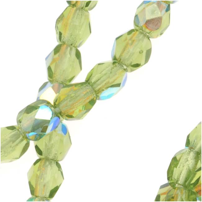 Czech Fire Polished Glass Beads 4mm Round 'Green Olivine AB' (50 pcs)