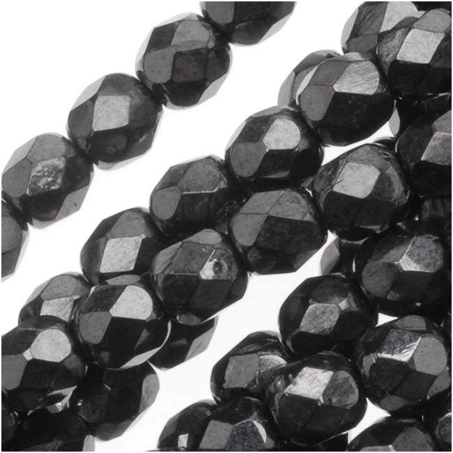Czech Fire Polished Glass Beads 4mm Round 'Hematite' (50 pcs)