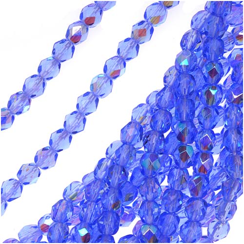 Czech Fire Polished Glass Beads 4mm Round Blue Sapphire AB (50 pcs)