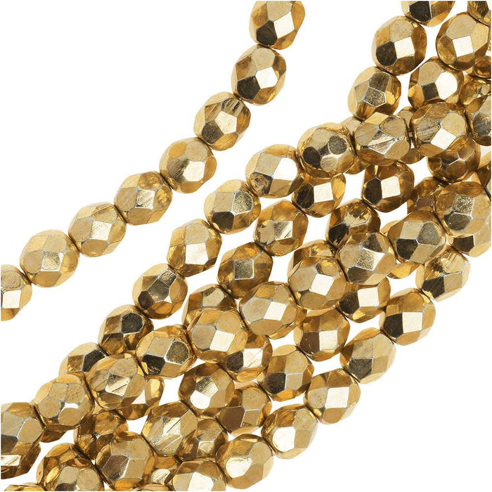 Czech Fire Polished Glass Beads, 6mm Round, Aurum Gold, (1 Strand)