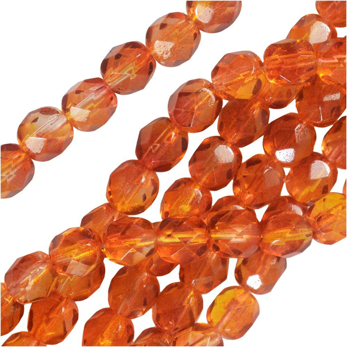 Czech Fire Polished Glass Two Toned Beads 6mm Round Orange Yellow Fireopal (1 Strand)