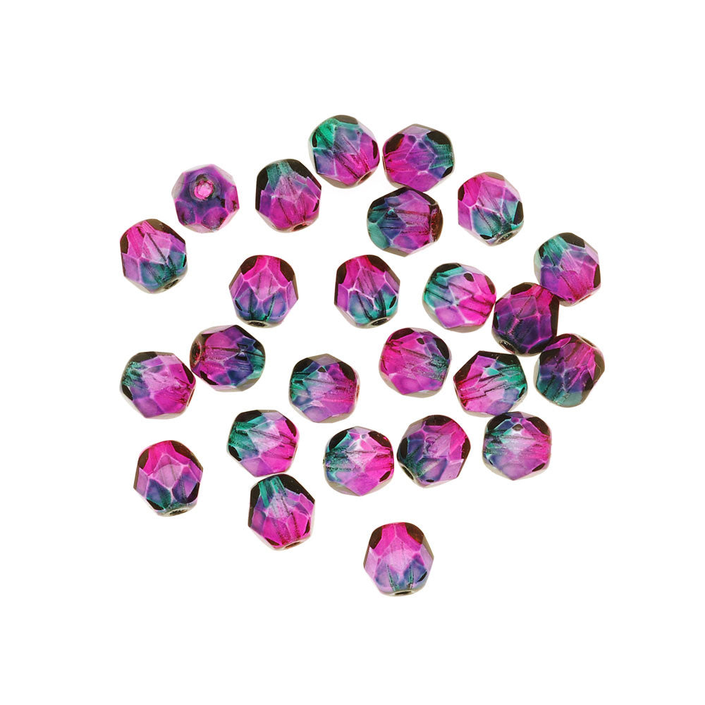 Czech Fire Polished Glass Two Toned Beads 6mm Round Purple & Green (1 Strand)