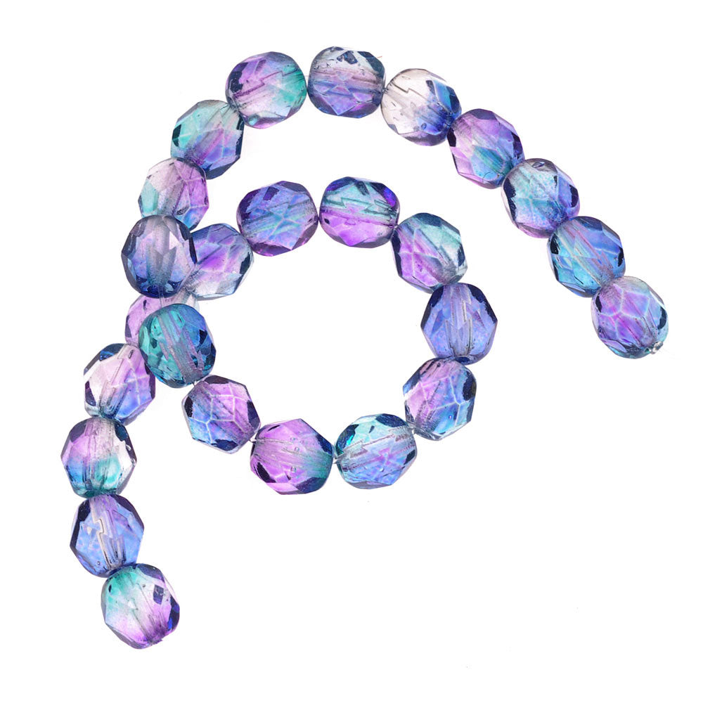 Czech Fire Polished Glass Beads 6mm Round Two Tone Purple/Blue (25 pcs)