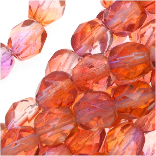 Czech Fire Polished Glass Beads 6mm Round Two Tone Fuchsia/Cantaloupe (1 Strand)