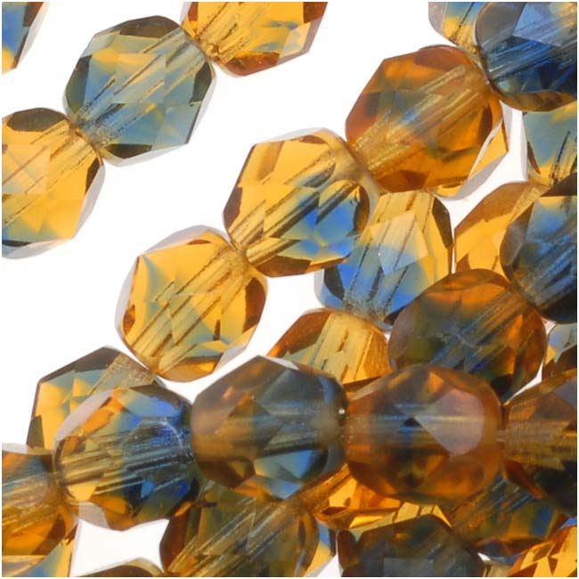 Czech Fire Polished Glass Beads 6mm Round Two Tone Topaz/Montana Blue (1 Strand)