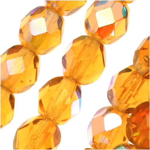 Czech Fire Polished Glass Beads 6mm Round Amber Topaz AB (1 Strand)