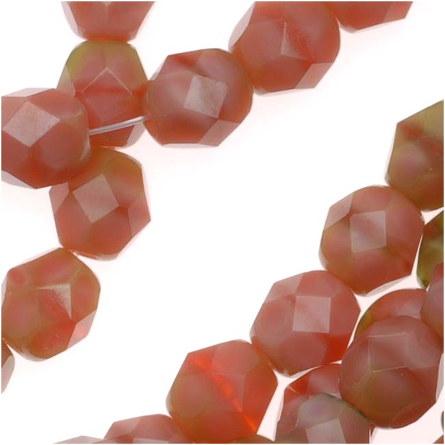 Czech Fire Polished Glass Beads 6mm Round Two Tone Coral Pink/Olivine (1 Strand)